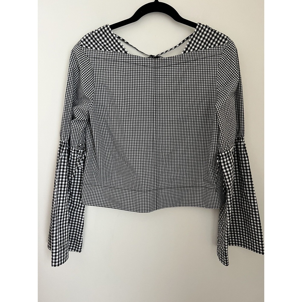 Derek Lam 10 Crosby Women's Size 8 Gingham Bell Sleeve Blouse Black White Tie
